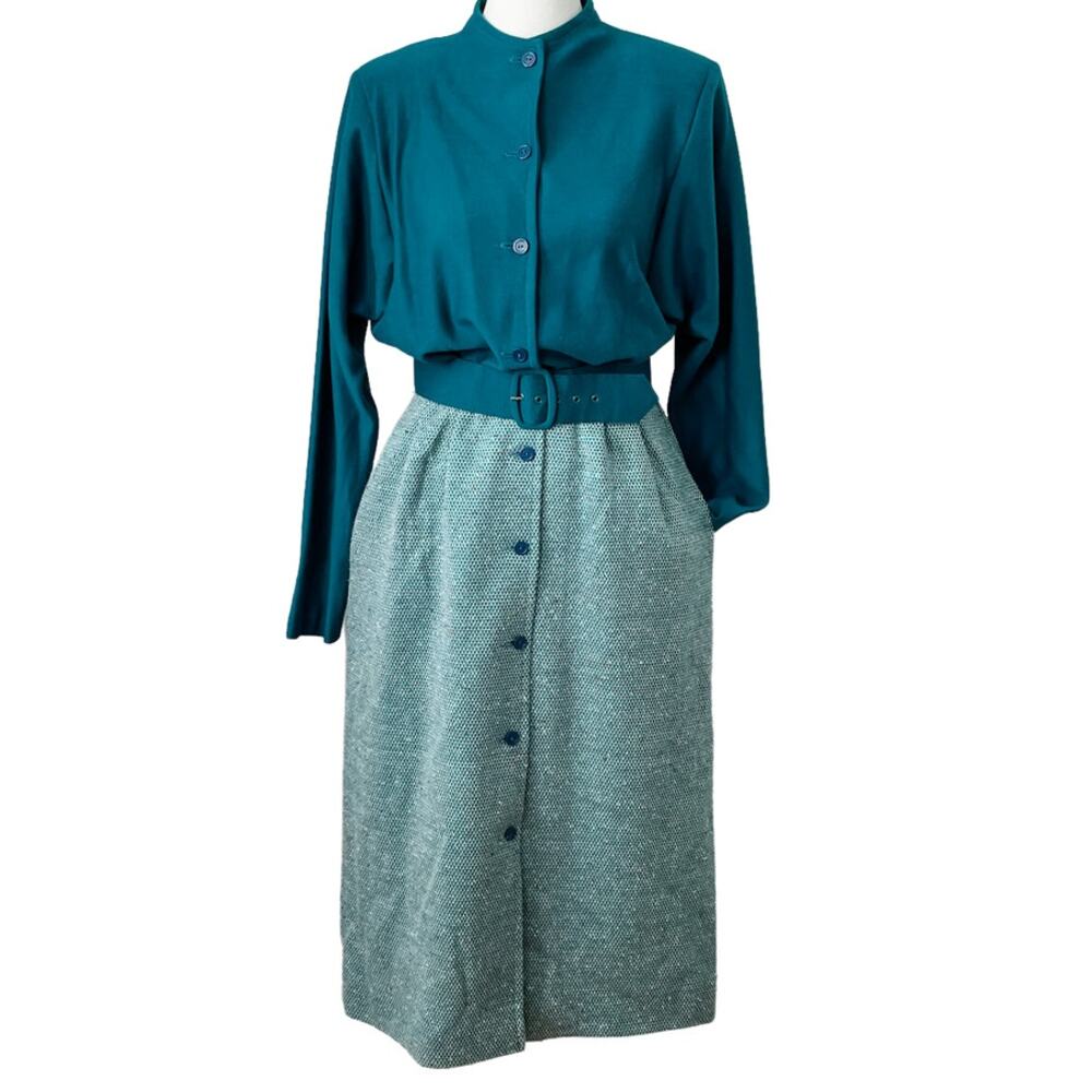 Vintage 70s/80s Teal Wool Blend Tweed Belted Button Front Dress size small S
